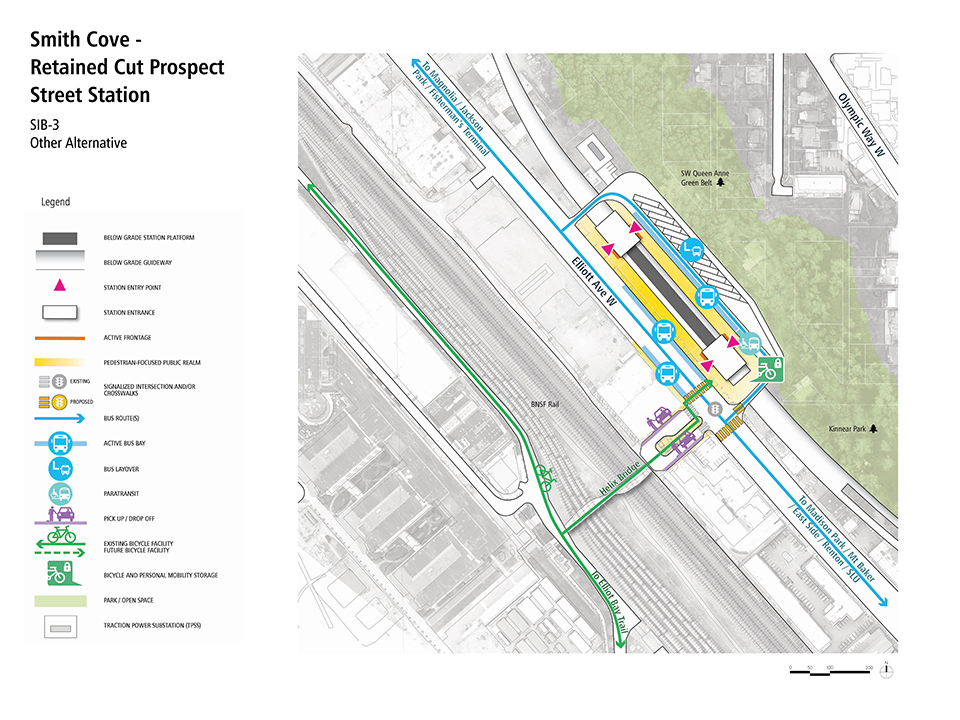 A map that describes how pedestrians, bus riders, bicyclists, and drivers could access the Smith Cove - Retained Cut Prospect Street Station Alternative.